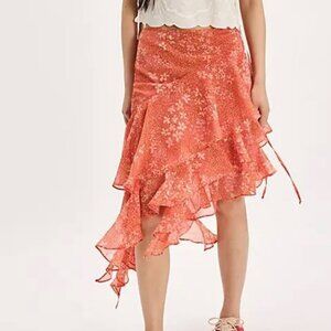 NWT Free People Heather Ruffle Cascade Skirt in Coral Combo
